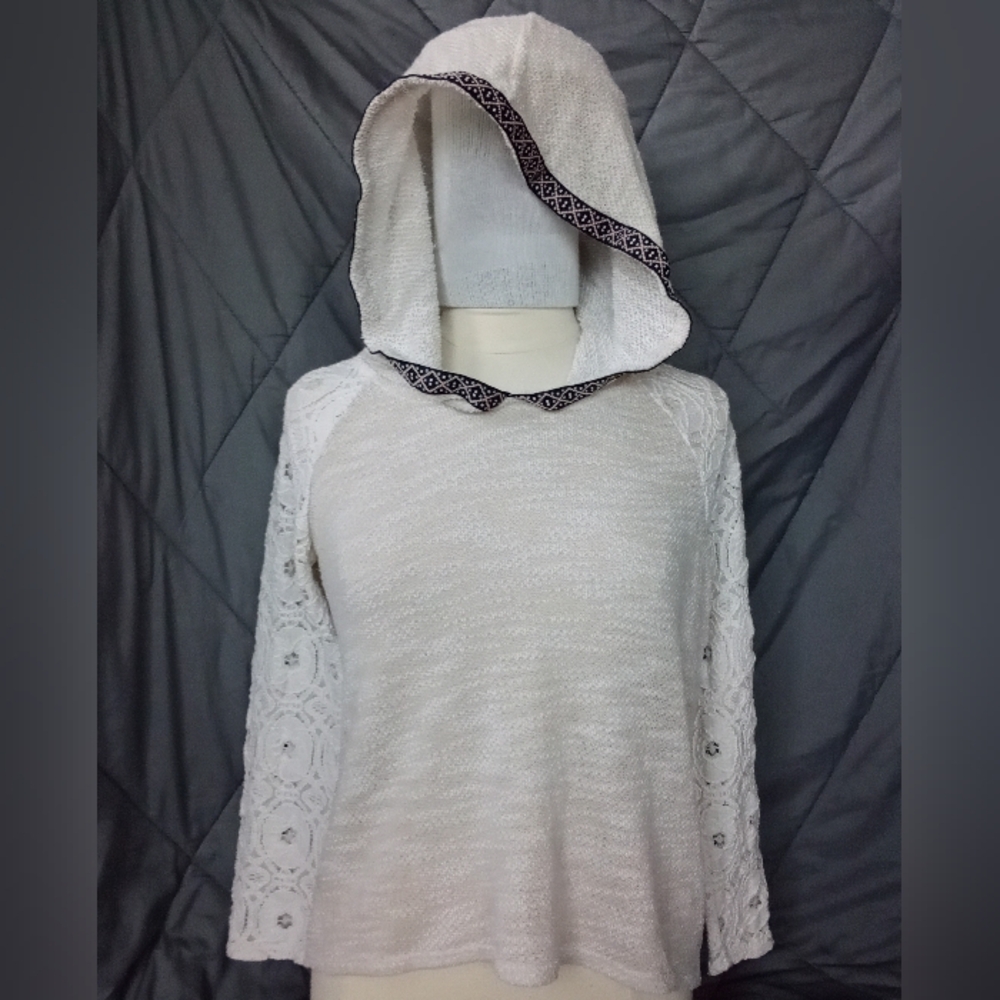 Women's Lily White Hooded Sweater Lace Raglan Sleeve Heathered Loose Knit Soft